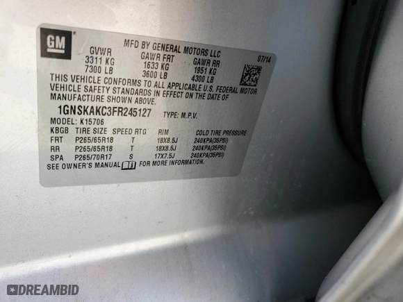 2015 Chevrolet Tahoe LS with VIN 1GNSKAKC3FR245127, listed as a Copart auction lot 74401204 with 160,179 mi miles and Salvage Title. Bid and sale history available at carsss.com. Image 14.