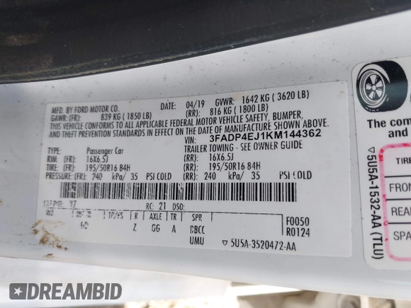 2019 Ford Fiesta SE с VIN 3FADP4EJ1KM144362, выставлен на аукционе IAAI как лот 42217469 с пробегом 40 772 миль миль и . История ставок и продаж доступна на DreamBid. Изображение 9.