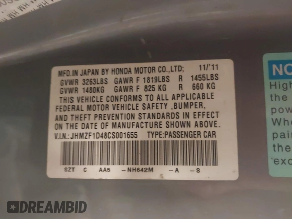 2012 Honda CR-Z with VIN JHMZF1D48CS001655, listed as a IAAI auction lot 42679618 with Not provided miles and . Bid and sale history available at DreamBid. Image 9.