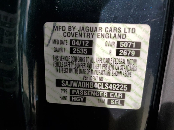 2012 Jaguar XF Portfolio with VIN SAJWA0HB4CLS49225, listed as a Copart auction lot 48070445 with 61,059 mi miles and Salvage Title. Bid and sale history available at carsss.com. Image 12.