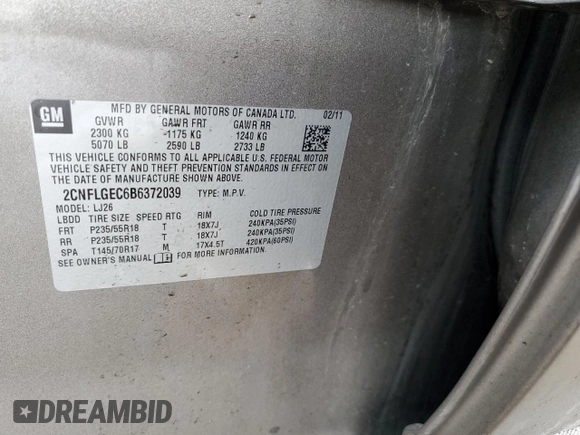 2011 Chevrolet Equinox LTZ with VIN 2CNFLGEC6B6372039, listed as a Copart auction lot 46114985 with 149,997 mi miles and Salvage Title. Bid and sale history available at carsss.com. Image 13.