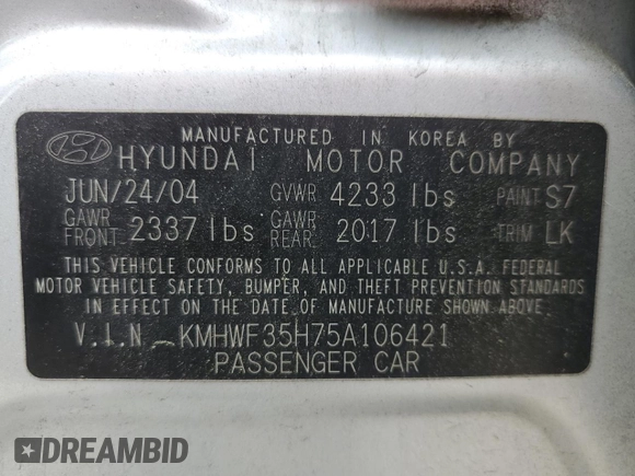 2005 Hyundai Sonata GLS with VIN KMHWF35H75A106421, listed as a Copart auction lot 55405844 with 96,030 mi miles and Clean Title. Bid and sale history available at carsss.com. Image 12.