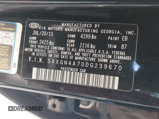 2013 Kia Optima EX with VIN 5XXGN4A70DG239670, listed as a IAAI auction lot 41997443 with 114,316 mi miles and . Bid and sale history available at carsss.com. Image 9.