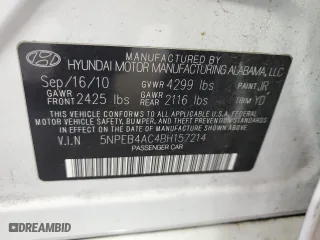 2011 Hyundai Sonata GLS PZEV with VIN 5NPEB4AC4BH157214, listed as a Copart auction lot 76178894 with 191,041 mi miles and Salvage Title. Bid and sale history available at carsss.com. Image 14.
