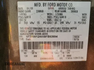 2008 Ford F-150 XL z VIN 1FTRW12WX8FB92694, wystawiony jako Copart lot #53891125 z przebiegiem 152 961 mil mil oraz Czysty tytuł • Clean title. Historia ofert i sprzedaży dostępna na DreamBid. Obrazek 12.