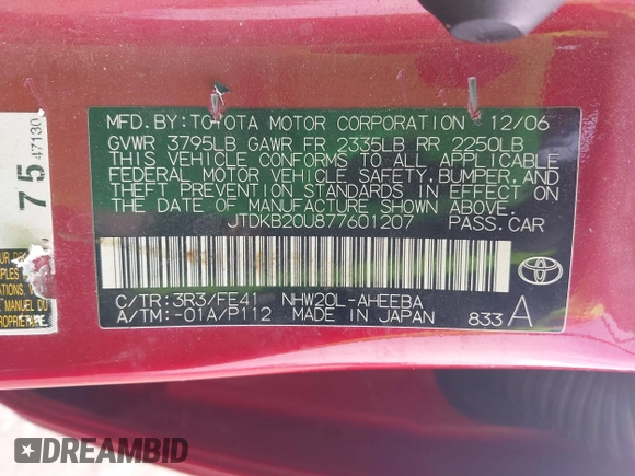 2007 Toyota Prius z VIN JTDKB20U877601207, wystawiony jako IAAI lot #41870158 z przebiegiem 218 955 mil mil oraz . Historia ofert i sprzedaży dostępna na DreamBid. Obrazek 9.