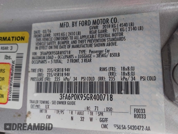 2016 Ford Fusion Titanium with VIN 3FA6P0K95GR400718, listed as a IAAI auction lot 41957913 with 133,037 mi miles. Bid and sale history available at carsss.com. Image 9.