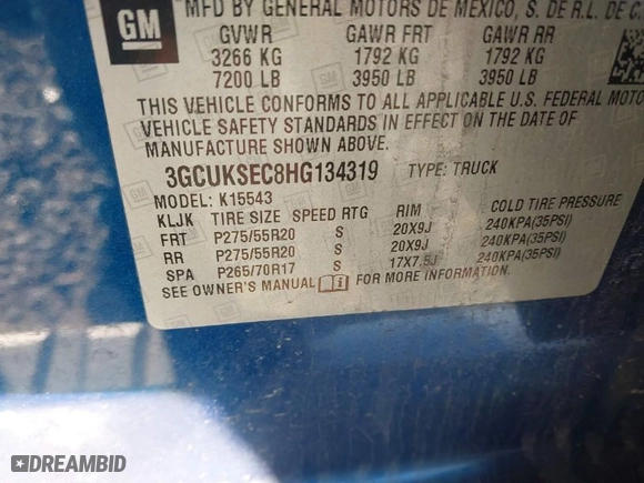 2017 Chevrolet Silverado 1500 LTZ with VIN 3GCUKSEC8HG134319, listed as a IAAI auction lot 41649117 with NaN miles. Bid and sale history available at carsss.com. Image 9.