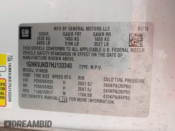 2017 Chevrolet Traverse Premier with VIN 1GNKVJKD7HJ133349, listed as a IAAI auction lot 41987568 with 137,492 mi miles and . Bid and sale history available at DreamBid. Image 9.