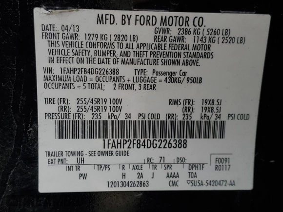 2013 Ford Taurus Limited с VIN 1FAHP2F84DG226388, выставлен на аукционе Copart как лот 55664365 с пробегом 237 569 миль миль и Списание • Salvage title. История ставок и продаж доступна на DreamBid. Изображение 12.