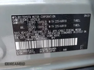 2021 Toyota RAV4 Hybrid LE with VIN JTMB6RFV3MD038562, listed as a IAAI auction lot 42576852 with 27,463 mi miles and . Bid and sale history available at DreamBid. Image 9.