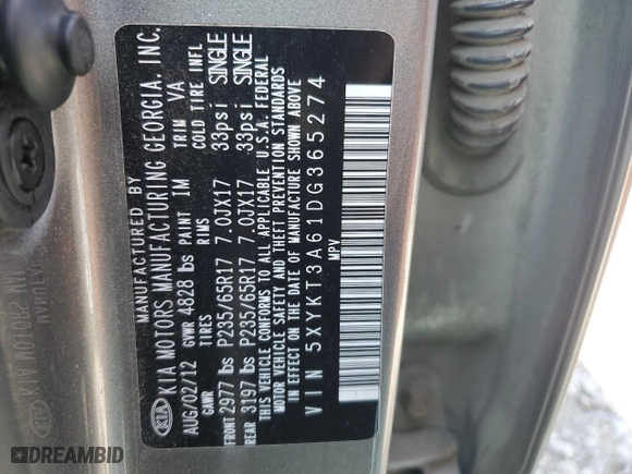 2013 Kia Sorento LX with VIN 5XYKT3A61DG365274, listed as a Copart auction lot 53269335 with 254,383 mi miles and Salvage Title. Bid and sale history available at carsss.com. Image 13.