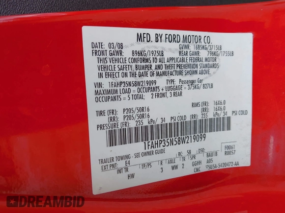 2008 Ford Focus SE with VIN 1FAHP35N58W219099, listed as a IAAI auction lot 42059347 with 209,309 mi miles. Bid and sale history available at carsss.com. Image 9.