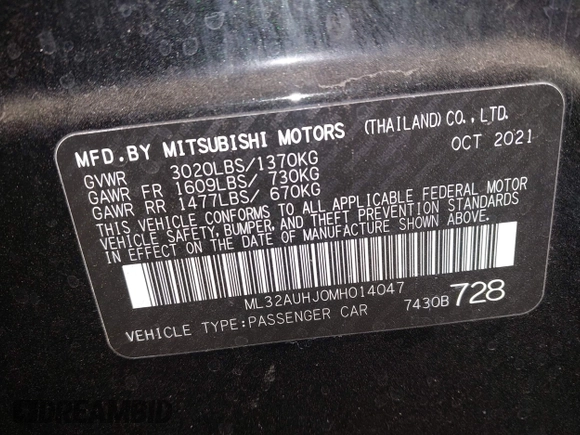2021 Mitsubishi Mirage ES z VIN ML32AUHJ0MH014047, wystawiony jako IAAI lot #41944723 z przebiegiem 68 452 mil mil oraz . Historia ofert i sprzedaży dostępna na DreamBid. Obrazek 9.