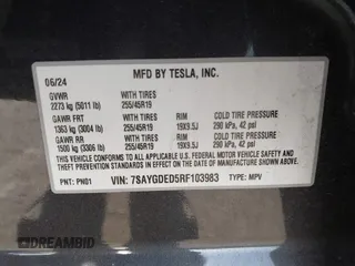 2024 Tesla Model Y with VIN 7SAYGDED5RF103983, listed as a IAAI auction lot 41933836 with 11,398 mi miles and . Bid and sale history available at DreamBid. Image 9.