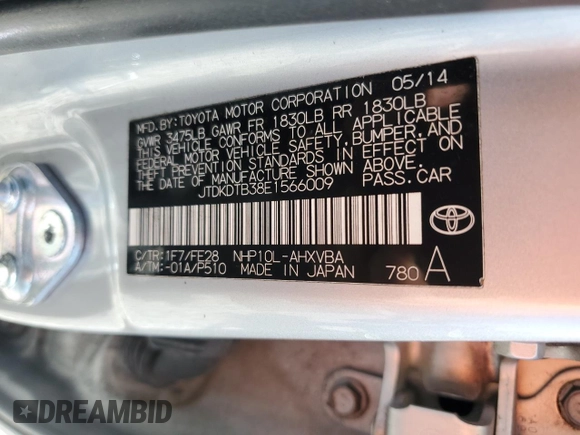 2014 Toyota Prius One with VIN JTDKDTB38E1566009, listed as a Copart auction lot 53540585 with 104,605 mi miles and Salvage Title. Bid and sale history available at DreamBid. Image 12.