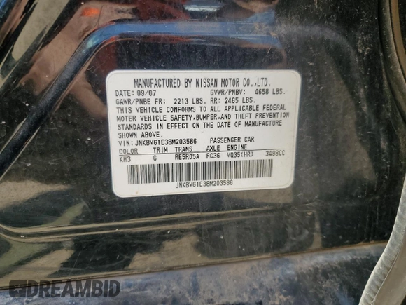2008 Infiniti G35 Journey with VIN JNKBV61E38M203586, listed as a Copart auction lot 61967574 with 171,503 mi miles and Salvage Title. Bid and sale history available at DreamBid. Image 14.