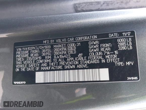 2018 Volvo XC90 Momentum with VIN YV4102PK3J1341909, listed as a IAAI auction lot 41992093 with 1 mi miles. Bid and sale history available at carsss.com. Image 9.