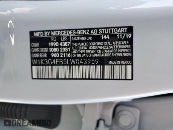 2020 Mercedes-Benz A 220 with VIN W1K3G4EB5LW043959, listed as a Copart auction lot 53447275 with 36,185 mi miles and Salvage Title. Bid and sale history available at DreamBid. Image 13.