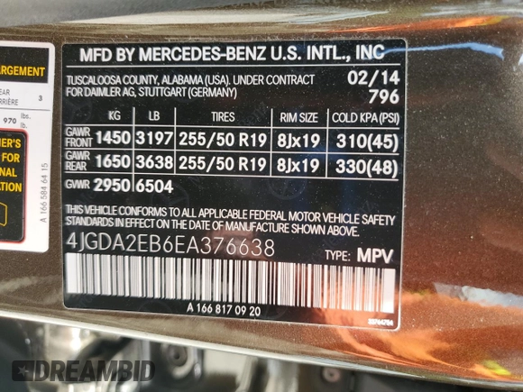 2014 Mercedes-Benz M 350 with VIN 4JGDA2EB6EA376638, listed as a Copart auction lot 61662785 with 87,328 mi miles and Salvage title. Bid and sale history available at DreamBid. Image 13.