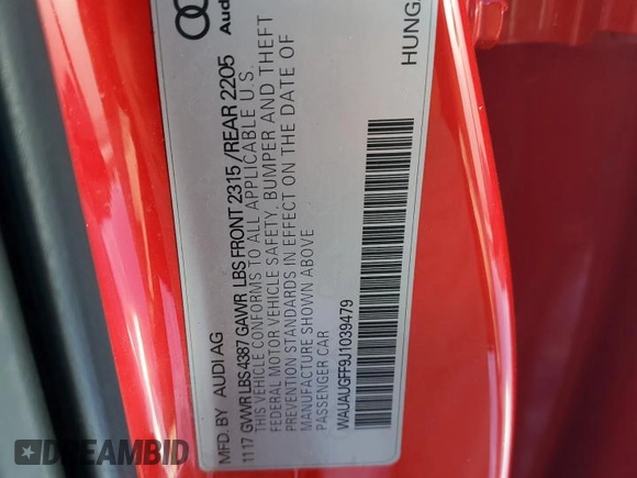 2018 Audi A3 Sedan Premium with VIN WAUAUGFF9J1039479, listed as a Copart auction lot 37332923 with 78,855 mi miles. Bid and sale history available at carsss.com. Image 12.
