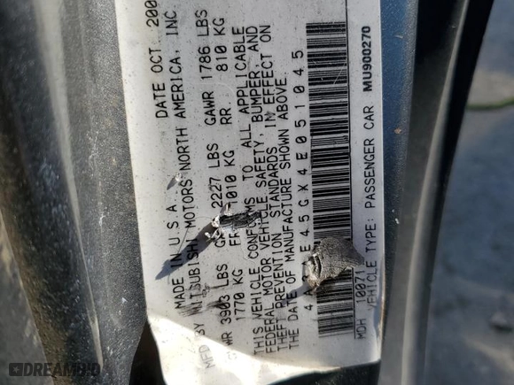 2004 Mitsubishi Eclipse GS with VIN 4A3AE45GX4E051045, listed as a Copart auction lot 71990174 with 175,736 mi miles and Salvage Title. Bid and sale history available at carsss.com. Image 12.