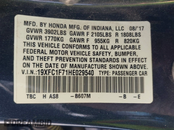 2017 Honda Civic Sedan EX-L with VIN 19XFC1F71HE029540, listed as a IAAI auction lot 41878037 with 82,064 mi miles. Bid and sale history available at carsss.com. Image 9.