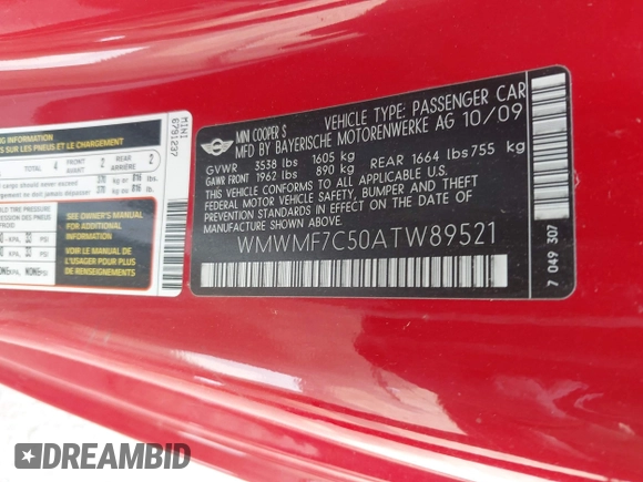 2010 MINI Hardtop S with VIN WMWMF7C50ATW89521, listed as a IAAI auction lot 42486159 with 158,137 mi miles and . Bid and sale history available at DreamBid. Image 9.