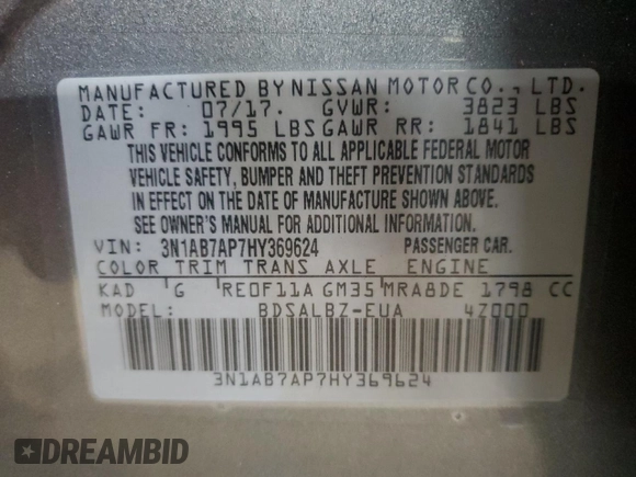 2017 Nissan Sentra S with VIN 3N1AB7AP7HY369624, listed as a Copart auction lot 65365515 with 158,292 mi miles and Clean title. Bid and sale history available at DreamBid. Image 12.