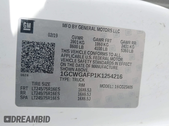 2019 Chevrolet Express Cargo with VIN 1GCWGAFP1K1254216, listed as a IAAI auction lot 42434125 with 257,792 mi miles and . Bid and sale history available at DreamBid. Image 9.