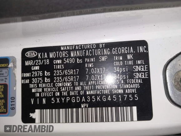 2019 Kia Sorento LX with VIN 5XYPGDA35KG451755, listed as a IAAI auction lot 42031207 with 73,158 mi miles. Bid and sale history available at carsss.com. Image 9.