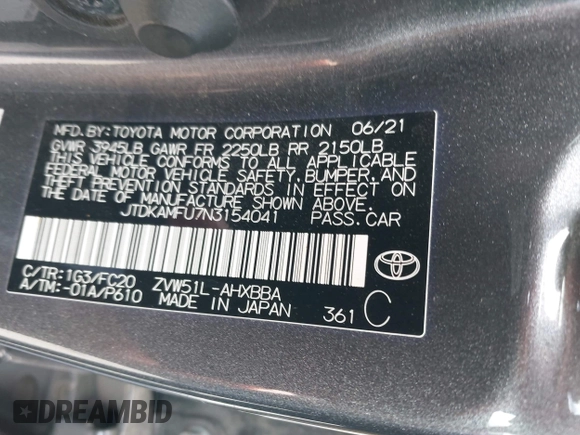 2022 Toyota Prius L Eco with VIN JTDKAMFU7N3154041, listed as a IAAI auction lot 41896210 with 46,382 mi miles and . Bid and sale history available at DreamBid. Image 9.