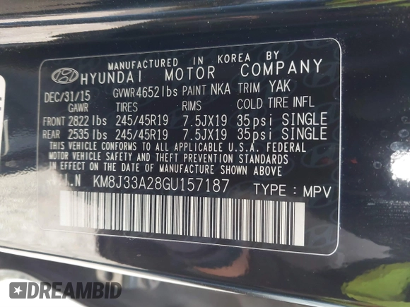 2016 Hyundai Tucson Limited with VIN KM8J33A28GU157187, listed as a IAAI auction lot 41825266 with 137,649 mi miles. Bid and sale history available at carsss.com. Image 9.