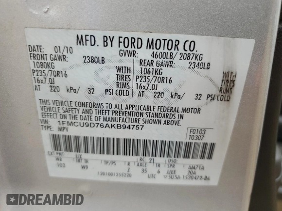 2010 Ford Escape XLT с VIN 1FMCU9D76AKB94757, выставлен на аукционе Copart как лот 55735585 с пробегом 175 030 миль миль и Списание • Salvage title. История ставок и продаж доступна на DreamBid. Изображение 13.