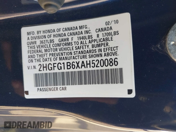 2010 Honda Civic Cpe LX with VIN 2HGFG1B6XAH520086, listed as a IAAI auction lot 42037594 with 172,248 mi miles. Bid and sale history available at carsss.com. Image 9.