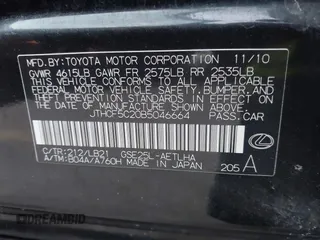 2011 Lexus IS 250 with VIN JTHCF5C20B5046664, listed as a IAAI auction lot 41493227 with 185,932 mi miles and . Bid and sale history available at DreamBid. Image 9.