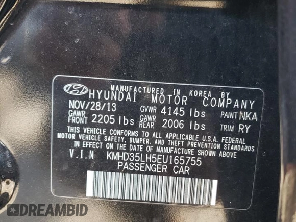 2014 Hyundai Elantra with VIN KMHD35LH5EU165755, listed as a Copart auction lot 49051275 with 146,648 mi miles and Salvage title. Bid and sale history available at DreamBid. Image 12.