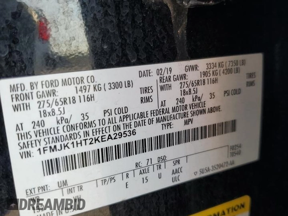 2019 Ford Expedition Max XLT с VIN 1FMJK1HT2KEA29536, выставлен на аукционе Copart как лот 58430705 с пробегом 120 042 миль миль и Списание • Salvage title. История ставок и продаж доступна на DreamBid. Изображение 13.