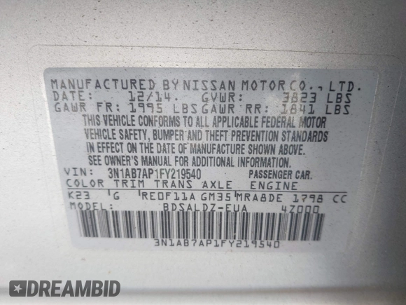 2015 Nissan Sentra SV with VIN 3N1AB7AP1FY219540, listed as a IAAI auction lot 42142798 with 119,106 mi miles and . Bid and sale history available at DreamBid. Image 9.