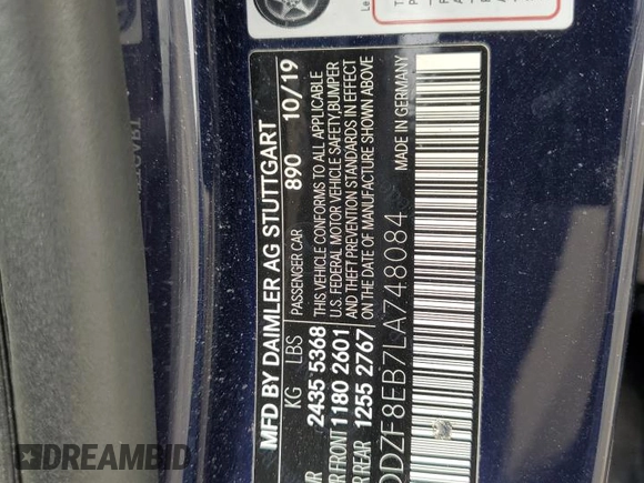 2020 Mercedes-Benz E 350 with VIN WDDZF8EB7LA748084, listed as a Copart auction lot 55474325 with 68,621 mi miles and Salvage Title. Bid and sale history available at DreamBid. Image 12.