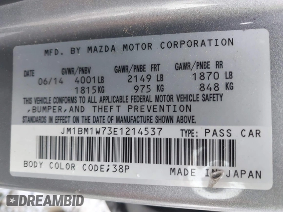 2014 Mazda 3 i Grand Touring with VIN JM1BM1W73E1214537, listed as a IAAI auction lot 41586529 with Not Provided miles and . Bid and sale history available at carsss.com. Image 9.