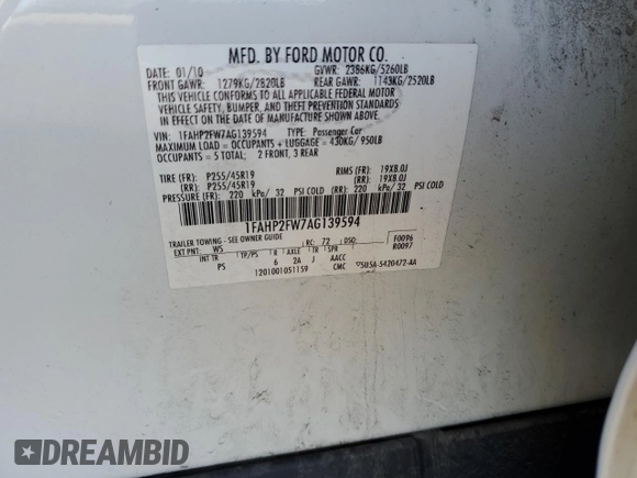2010 Ford Taurus Limited with VIN 1FAHP2FW7AG139594, listed as a Copart auction lot 43525705 with 0 mi miles and Salvage Title. Bid and sale history available at carsss.com. Image 12.