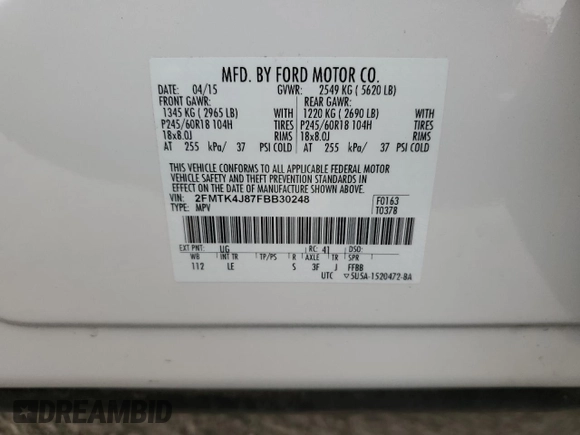 2015 Ford Edge SEL with VIN 2FMTK4J87FBB30248, listed as a Copart auction lot 53050215 with 90,493 mi miles and Salvage Title. Bid and sale history available at carsss.com. Image 12.