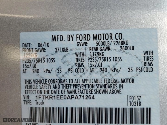 2010 Ford Ranger XL with VIN 1FTKR1EE0APA71264, listed as a Copart auction lot 62302754 with 0 mi miles and Salvage Title. Bid and sale history available at carsss.com. Image 12.