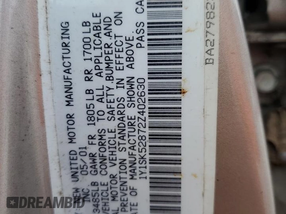 2002 Chevrolet Prizm с VIN 1Y1SK52872Z402630, выставлен на аукционе Copart как лот 53581255 с пробегом 98 104 миль миль и Списание • Salvage title. История ставок и продаж доступна на DreamBid. Изображение 13.