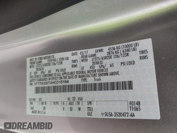 2017 Ford F-250 Lariat with VIN 1FT7W2BT0HED15184, listed as a IAAI auction lot 42133773 with 88,679 mi miles and . Bid and sale history available at DreamBid. Image 9.