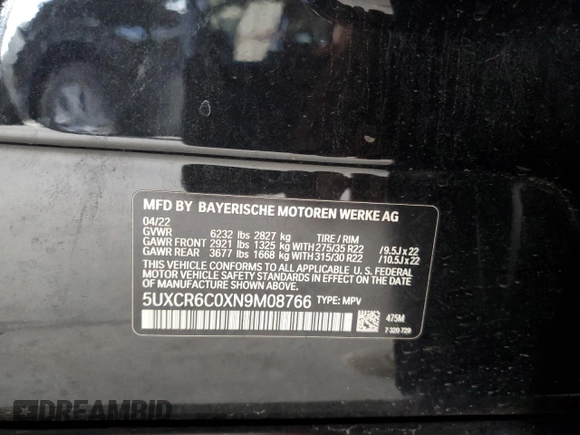 2022 BMW X5 xDrive40i with VIN 5UXCR6C0XN9M08766, listed as a Copart auction lot 51987215 with 30,997 mi miles and Salvage Title. Bid and sale history available at DreamBid. Image 13.
