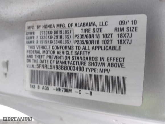 2011 Honda Odyssey Touring with VIN 5FNRL5H98BB003490, listed as a IAAI auction lot 41400378 with 1 mi miles. Bid and sale history available at carsss.com. Image 9.