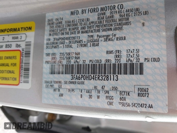 2014 Ford Fusion SE with VIN 3FA6P0HD4ER328113, listed as a IAAI auction lot 41702538 with 126,044 mi miles and . Bid and sale history available at DreamBid. Image 9.