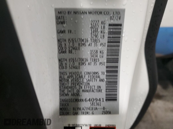 2024 Nissan Frontier SV with VIN 1N6ED1CMXRN640941, listed as a Copart auction lot 51759065 with 17,455 mi miles and Salvage title. Bid and sale history available at DreamBid. Image 13.